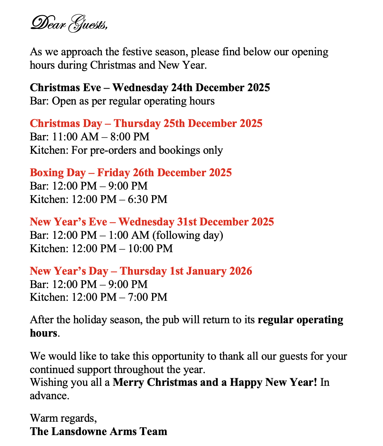 Festive Operating Hours